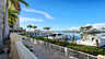 Marina-Promenade mit weißem Geländer, festgemachten Motorbooten und Palmen am Wasser - Traum-Urlaub-Florida